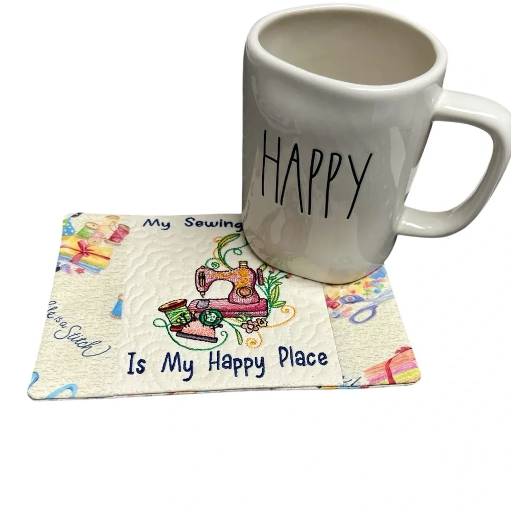 Hand Crafted Mug Rug Coaster Embroidered Cotton Fabric Padded Absorbs Liquid - Picture 8 of 9